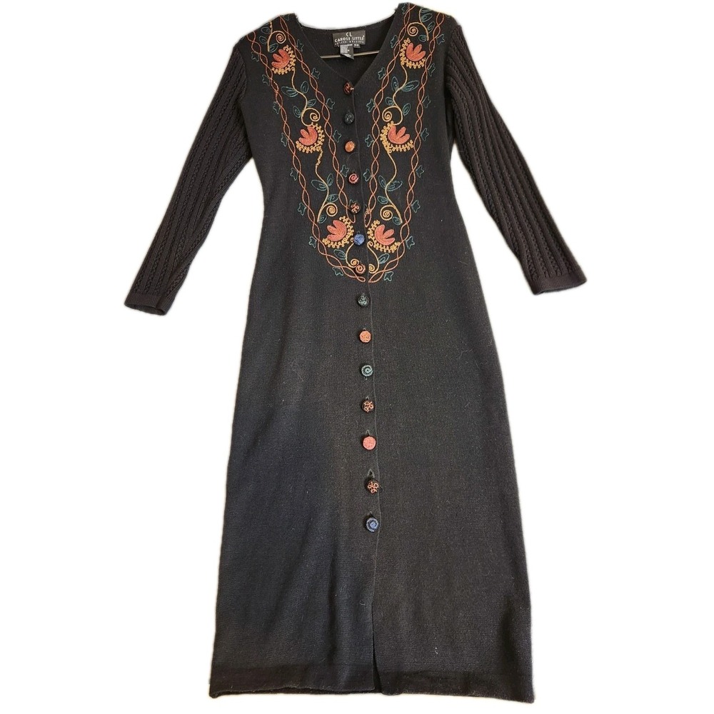 VTG Carole Little Sweater Dress SP Black Embroidered Wool Blend Knit Long Sleeve